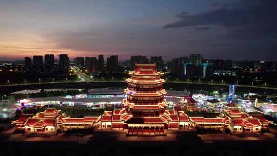 湖南省湘潭市万楼灯光秀夜景航拍4k