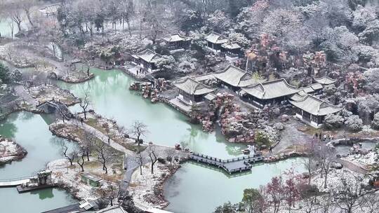 航拍扬州瘦西湖大明寺清晨园林雪景