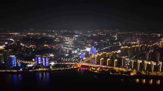 鸟瞰安徽芜湖城市夜景全景航拍