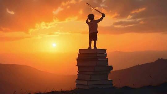 书籍堆上的逐梦少年