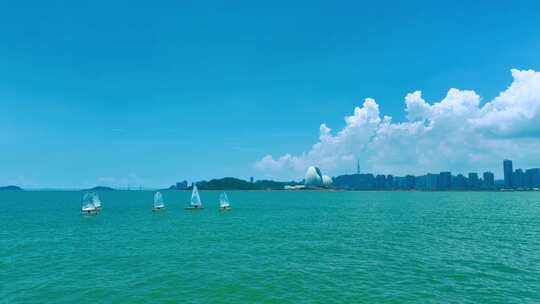 水上帆船与城市天际线同框的美丽画面