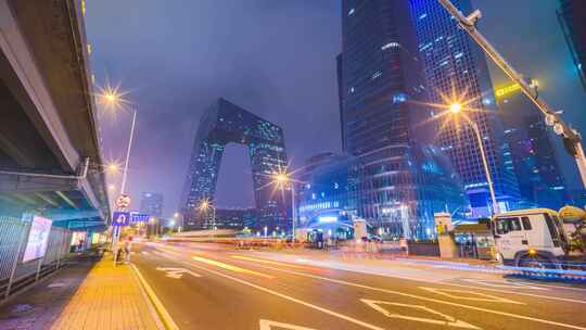 夜晚北京国贸CBD城市建设与夜景车流