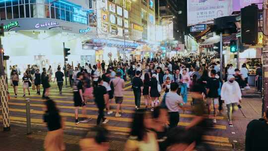 香港旺角夜景，马路，斑马线红绿灯