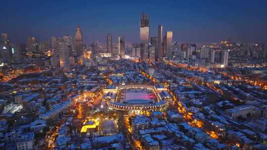 航拍天津五大道民园广场雪后夜景