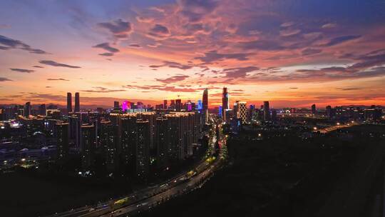 杭州萧山市北板块现代城市风光夕阳航拍