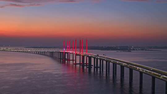 青岛胶州湾跨海大桥夜景航拍视频素材模板下载