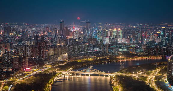 沈阳城市夜景超级月亮天际线航拍素材