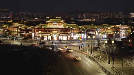 夜晚中式古建筑商业街街景山西大同