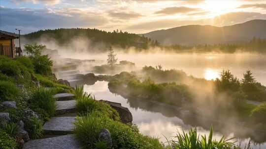 湖边山林晨雾日出美景