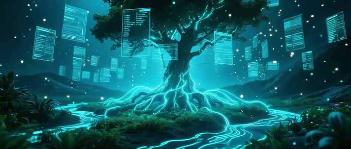 8K科技粒子树未来赛博奇幻森林光线树木