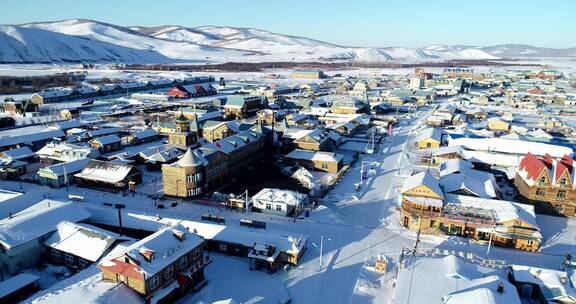 航拍内蒙古北部边塞雪村