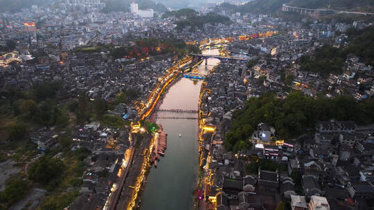 航拍湖南凤凰古城沱江两岸夜景