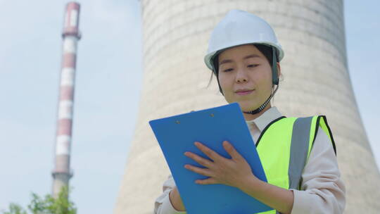 中国人女工程师戴建筑头盔工作记录