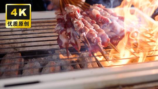 炭火烤肉串烧烤肉串展示撒调料BBQ