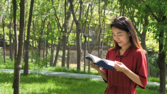 中国女性美女在公园树林看书学习