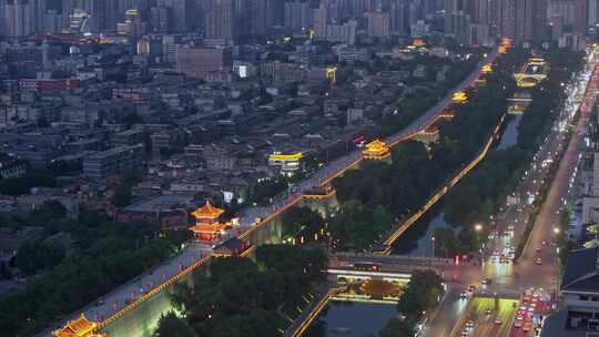 航拍西安南门城墙晚霞夜景