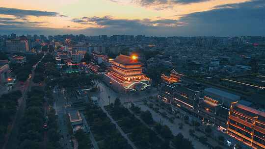 航拍西安鼓楼夜景自然风光