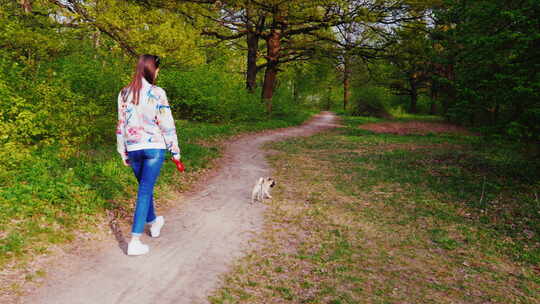 一个年轻的女人和一只哈巴狗在森林里散步
