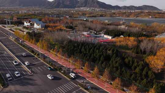 航拍 石家庄 秋天 蓝天白云 城市道路