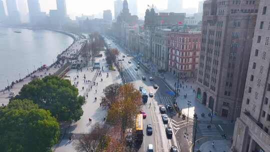 上海外滩南京东路航拍车流人流黄浦区风景城