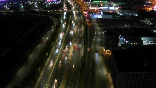 延时航拍夜晚城市交通车水马龙