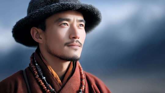 东方男子身着传统服饰眺望远方