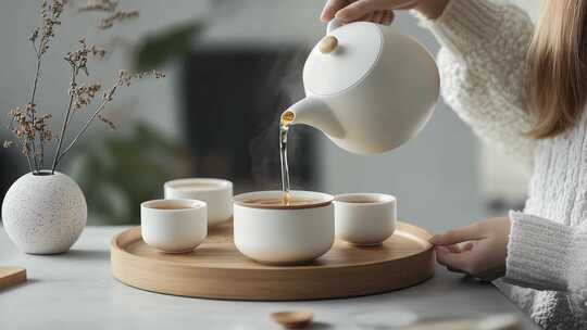女性室内倒茶场景