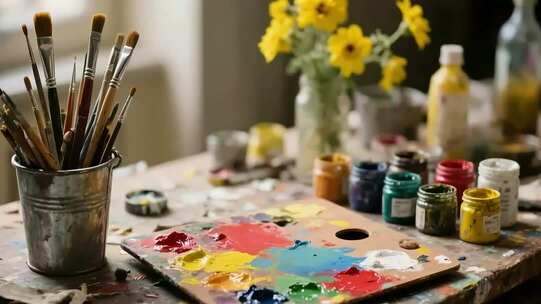 绘画工具与颜料摆放场景