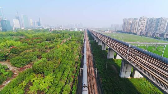 航拍杭州萧山开发区高速电气化铁路高架