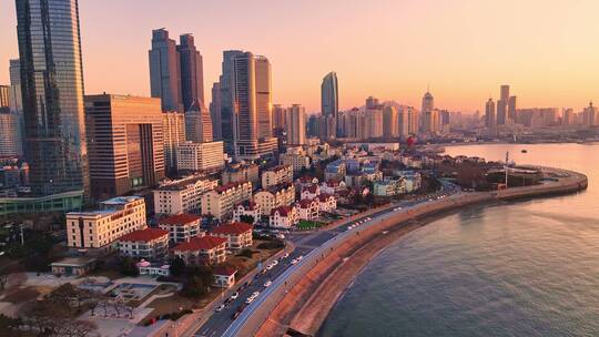 山东青岛滨海城市风景日出黄昏航拍全景