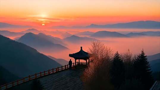 云雾缭绕的山间日出 东方意境山水风光背景