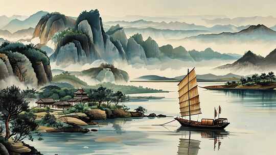 中式山水古风风景画面