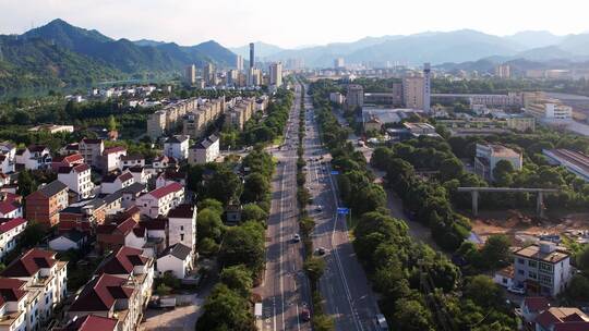 杭州建德县城道路和城市风光蓝天下航拍