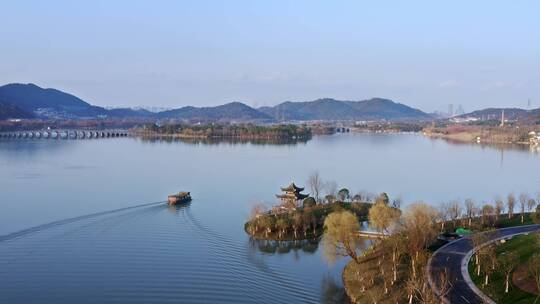 航拍杭州萧山著名景点湘湖风景区