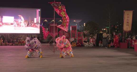 夜晚户外舞狮表演场景佛山醒狮