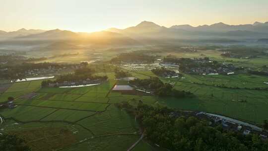 中国侨乡广东台山乡村稻田山脉山峰日出航拍