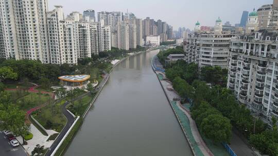 上海苏州河上海普陀路段4K航拍视频素材模板下载