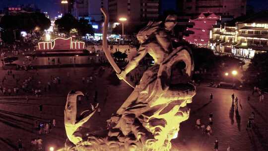 湖南岳阳巴陵广场后羿射巴蛇雕像夜景航拍