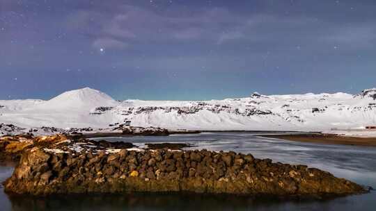 4k延时冰岛雪山河流星空极光蓝调景观