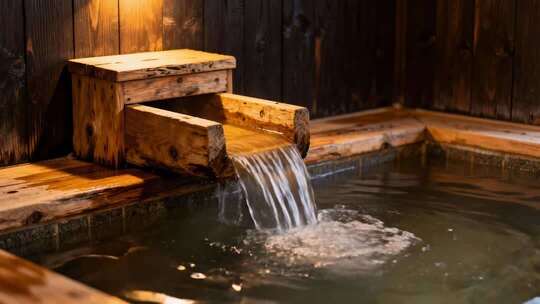 日式木质温泉流水温暖治愈特写视频