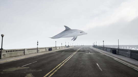 超现实的海豚翱翔在迷雾的桥上