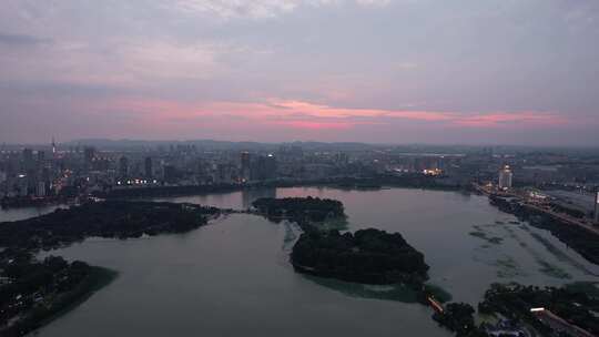 江苏南京夕阳晚霞夜幕降临夜景灯光航拍