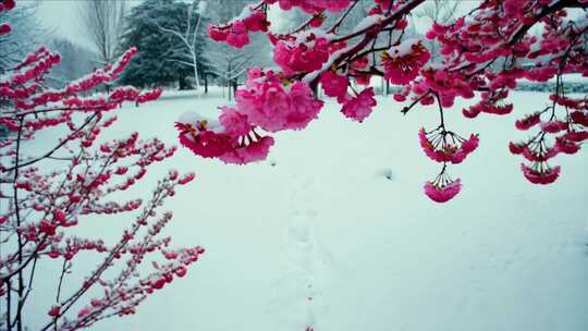 雪后赏粉色樱花的浪漫景象