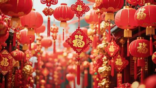 悬挂的春节灯笼与福字素材