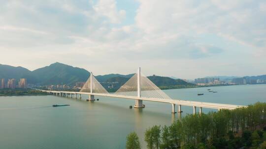 杭州市富阳区富阳大桥富春江风光航拍视频素材模板下载