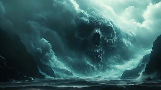 海浪中骷髅头奇幻场景幽灵岛