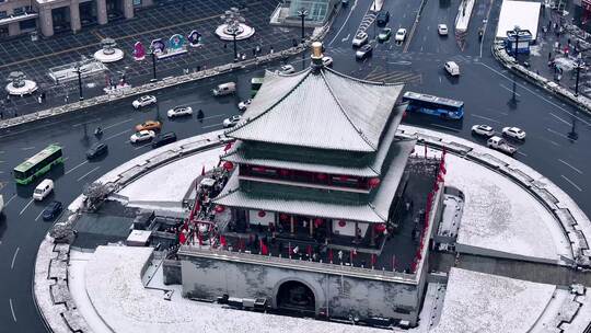 西安钟楼雪景视频素材模板下载