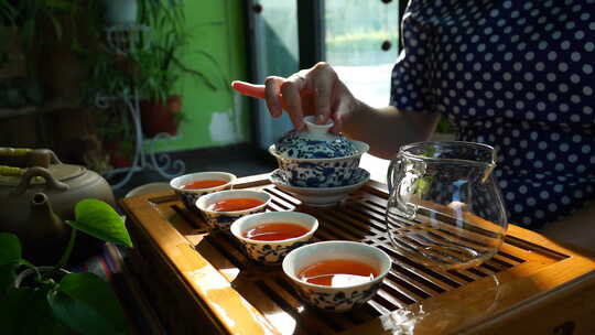 午后阳光美女茶艺师展示功夫茶冲泡红茶文化视频素材模板下载