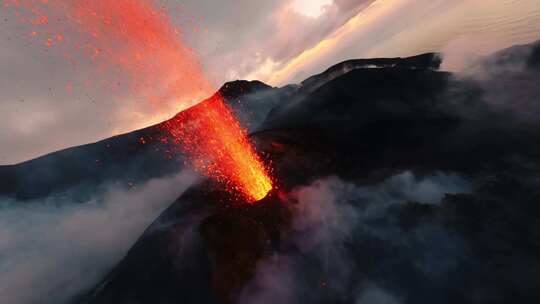 4K-飞越火山、近距离看火山口喷射岩浆视频素材模板下载