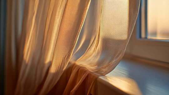 窗边飘动的透光窗帘